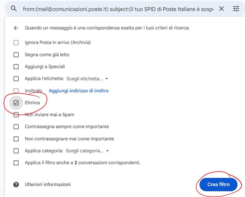 come creare un filtro gmail - passo 2